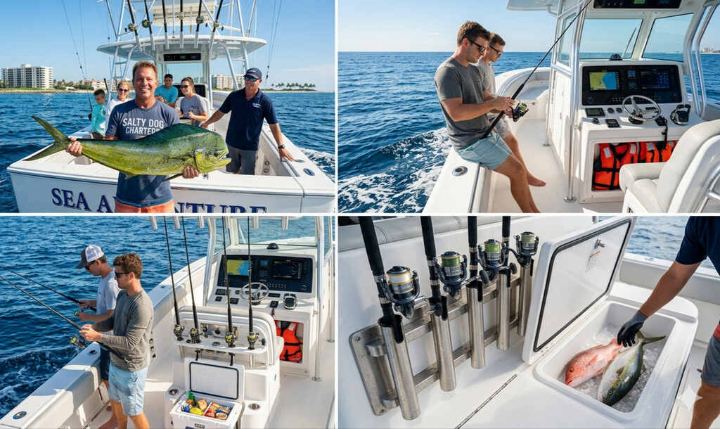A collage showing a professional fishing boat, anglers reeling in fish, high-end gear, and a fresh Mahi-Mahi catch in St. Maarten.
