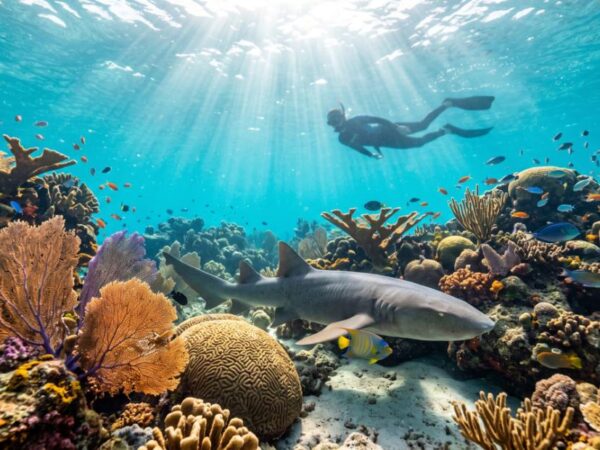 A snorkeler swimming safely above a calm nurse shark on a vibrant tropical coral reef, showcasing the reality of dangerous animals in st. maarten marine life.