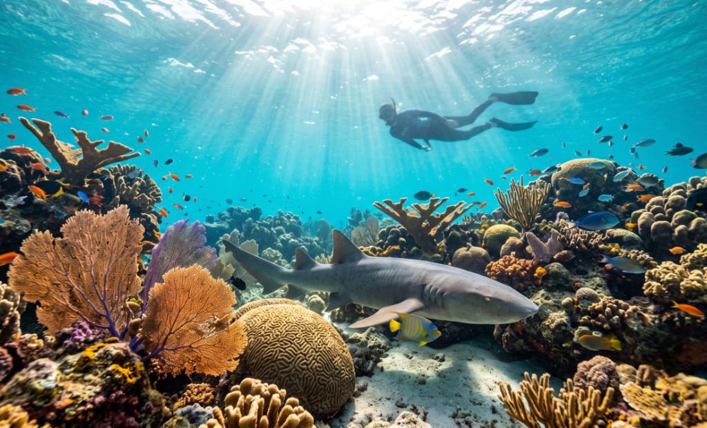 A snorkeler swimming safely above a calm nurse shark on a vibrant tropical coral reef, showcasing the reality of dangerous animals in st. maarten marine life.