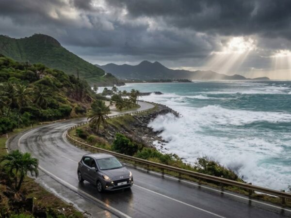 Economy rental car driving safely on a wet coastal highway during a tropical storm with large waves, illustrating natural disasters in st. maarten safety protocols.