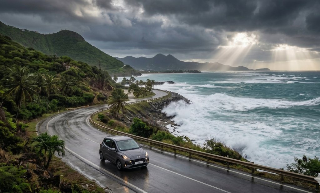 Economy rental car driving safely on a wet coastal highway during a tropical storm with large waves, illustrating natural disasters in st. maarten safety protocols.